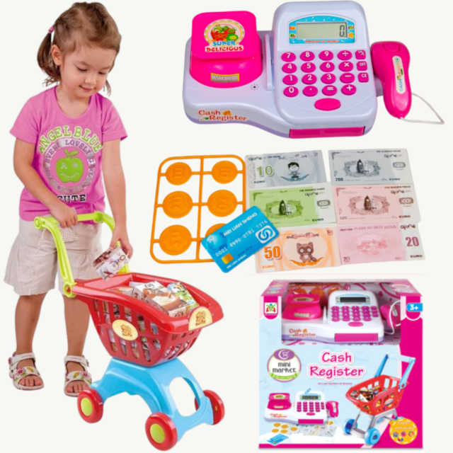 Set de joacă supermarket cu casă de marcat, coș și accesorii