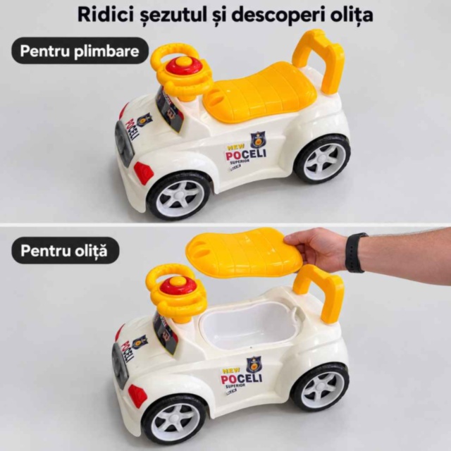 Mașinuță ride-on 2 în 1 cu oliță și muzică