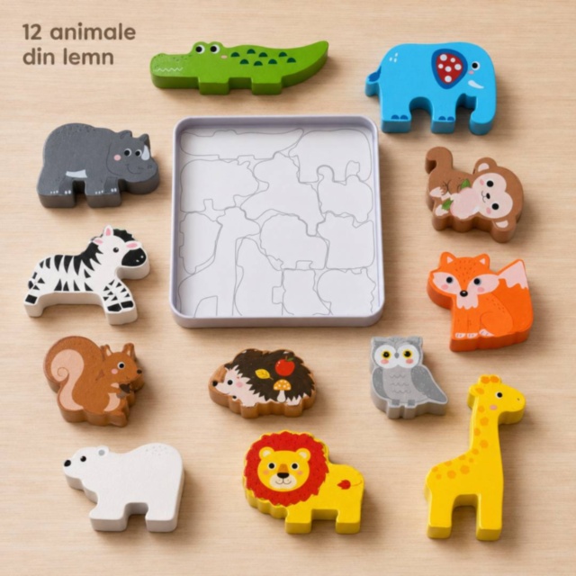Puzzle din lemn cu animale sălbatice în cutie