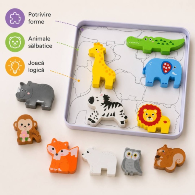 Puzzle din lemn cu animale sălbatice în cutie