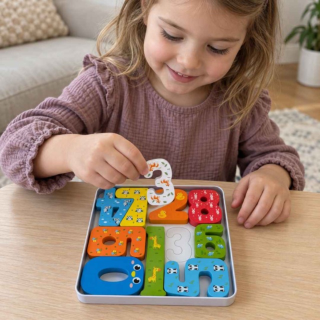 Puzzle educativ din lemn cu cifre și animale