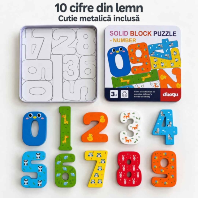 Puzzle educativ din lemn cu cifre și animale