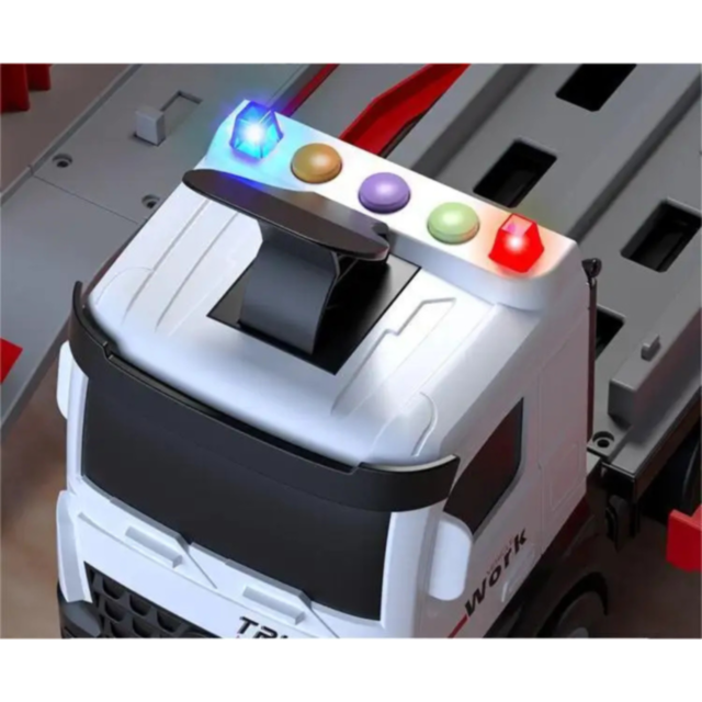 Tir Transportator cu Piste și Mașinuțe Metalice – Set Interactiv 2-în-1