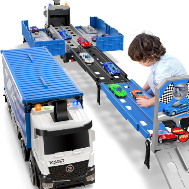 Tir Transportator cu Piste și Mașinuțe Metalice – Set Interactiv 2-în-1