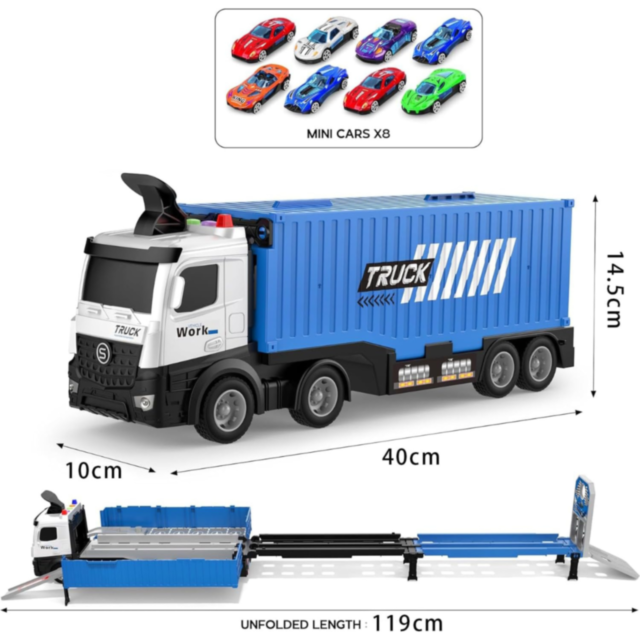 Tir Transportator cu Piste și Mașinuțe Metalice – Set Interactiv 2-în-1