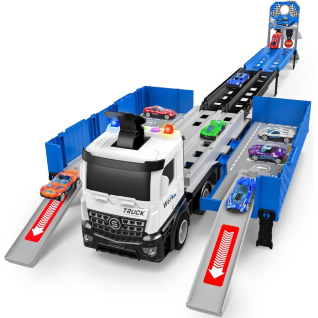 Tir Transportator cu Piste și Mașinuțe Metalice – Set Interactiv 2-în-1