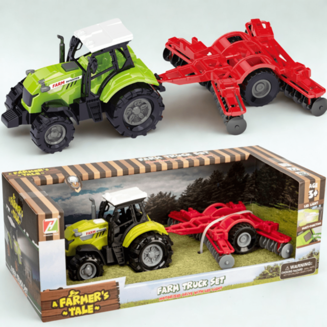 Tractor de jucărie verde cu plug roșu și lumini