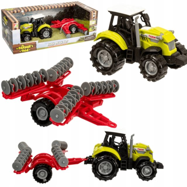 Tractor de jucărie verde cu plug roșu și lumini