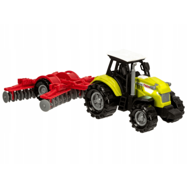 Tractor de jucărie verde cu plug roșu și lumini