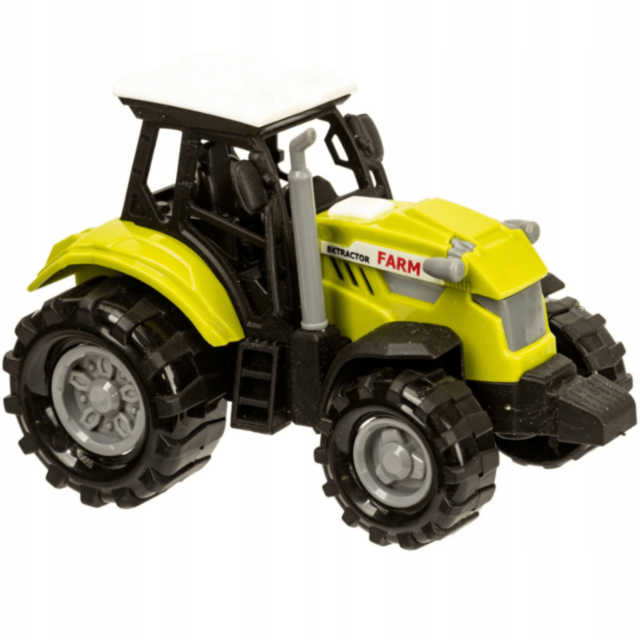 Tractor de jucărie verde cu plug roșu și lumini