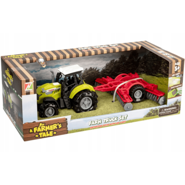 Tractor de jucărie verde cu plug roșu și lumini