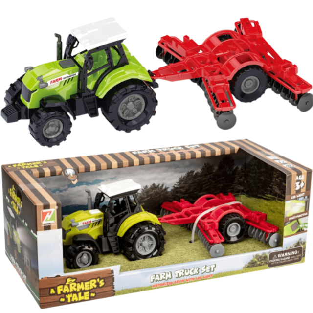 Tractor de jucărie verde cu plug roșu și lumini