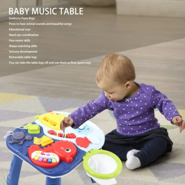 Măsuță Interactivă 3 în 1 cu Pian, Coș de Baschet și Activități Educative