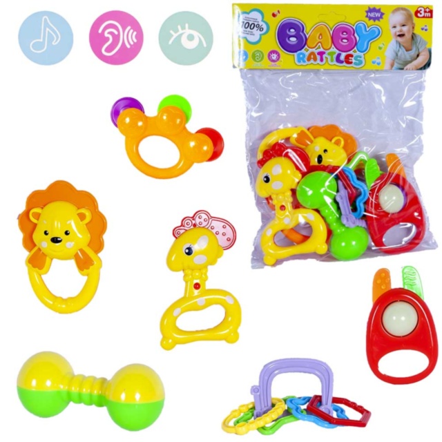 Set 6 Zornăitoare: Leu, Puișor, Iepuraș, Inele Colorate, Tamburina și Maracas