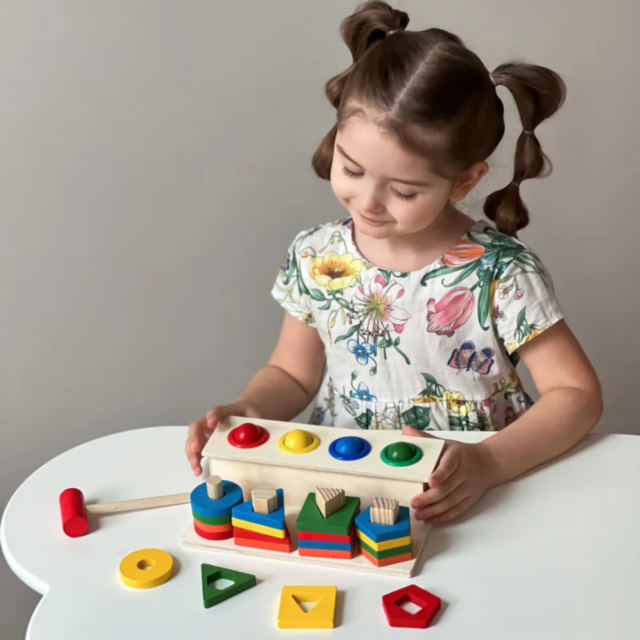 Sortator Montessori din Lemn cu Ciocănel și Forme Geometrice