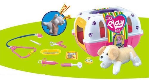 Cățel de Pluș cu Sunete Realiste, Cușcă de Transport și Trusa Veterinarului