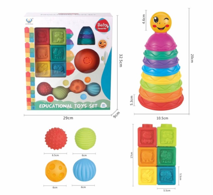 Set Senzorial cu Cuburi, Mingi și Piramidă din Cauciuc