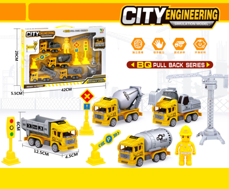 Set 4 Mașini de Construcție cu Macara și Semne Rutiere