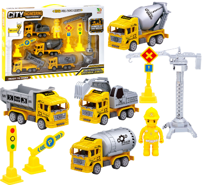 Set 4 Mașini de Construcție cu Macara și Semne Rutiere | image