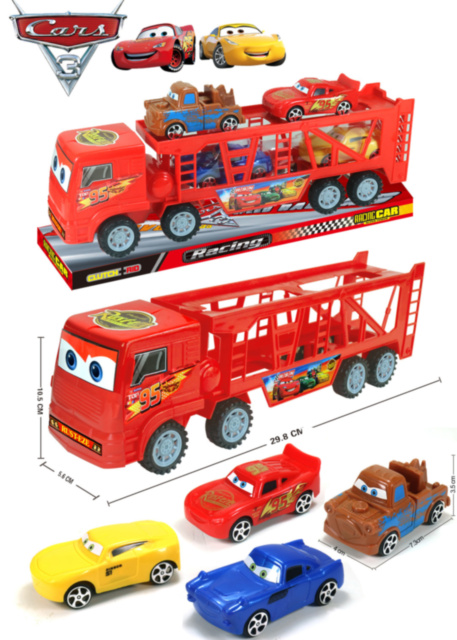 Trailerul Cars cu 4 Mașinuțe Fulger Mcqueen, 30cm