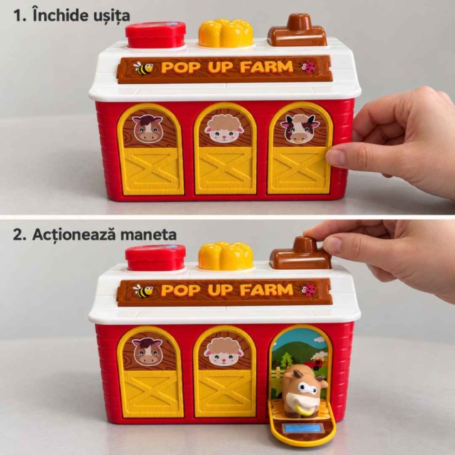 Fermă interactivă Pop Up cu animale, lumini și pian