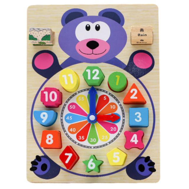 Ceas Didactic Montessori din Lemn în Formă de Urs