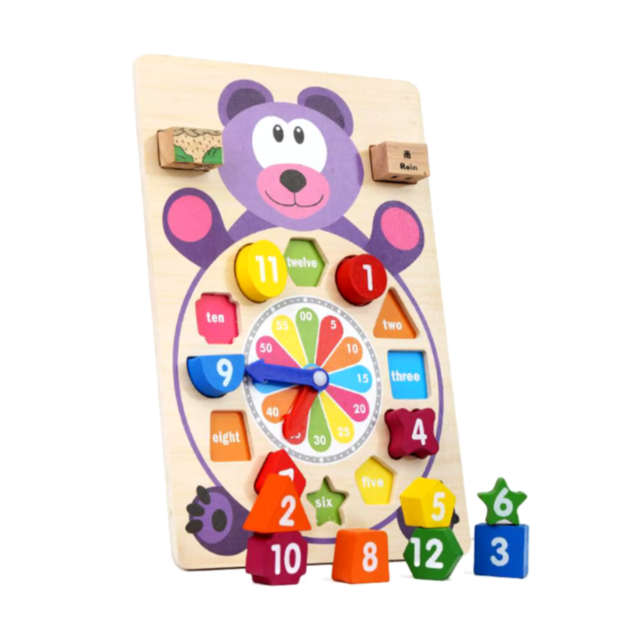 Ceas Didactic Montessori din Lemn în Formă de Urs