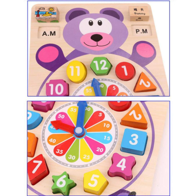 Ceas Didactic Montessori din Lemn în Formă de Urs