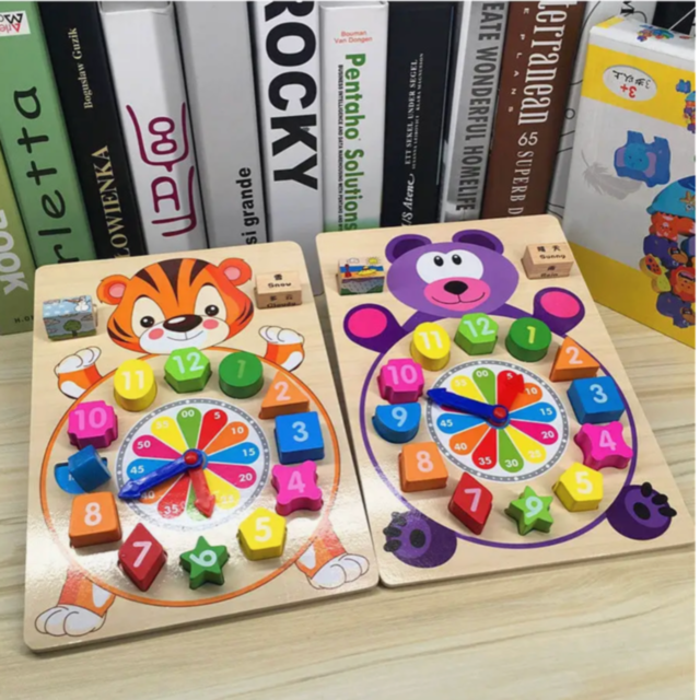 Ceas Didactic Montessori din Lemn în Formă de Urs