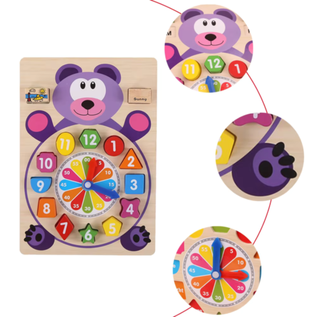 Ceas Didactic Montessori din Lemn în Formă de Urs