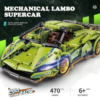 Mașină Supercar Mecanică Verde cu Funcție Pull-Back, Set de 470 Piese | image