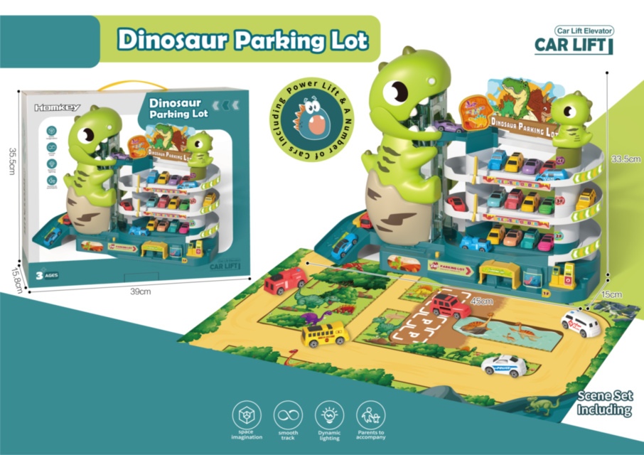 Parcare Dinozaur: Set Interactiv cu Lift Auto și 6 Mașinuțe