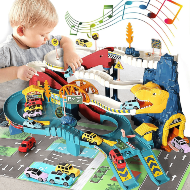 Pistă Dinozaur Interactivă cu 4 Mașinuțe Colorate