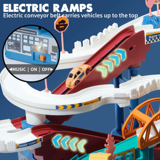 Pistă Dinozaur Interactivă cu 4 Mașinuțe Colorate