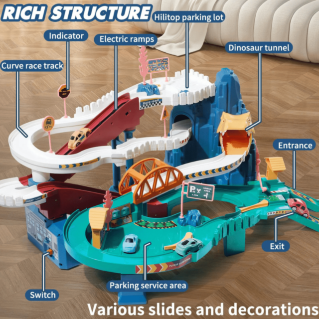 Pistă Dinozaur Interactivă cu 4 Mașinuțe Colorate