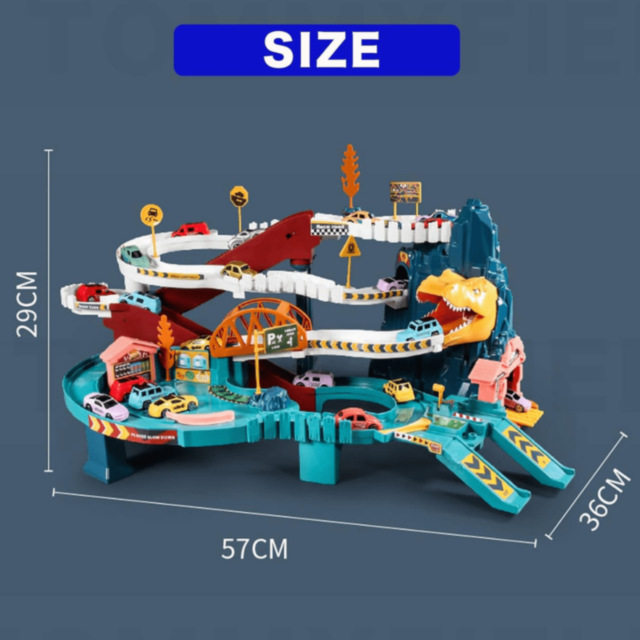 Pistă Dinozaur Interactivă cu 4 Mașinuțe Colorate