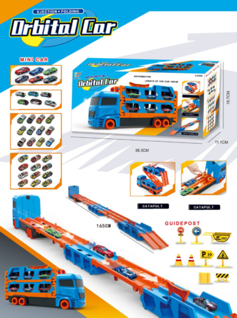 Camion Speedway Hauler Transportator cu Trailer și Pista cu Lansator cu 6 Mașinuțe