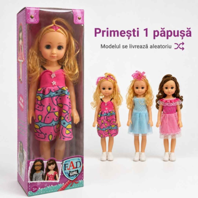 Păpușă muzicală de 40 cm, cu rochie colorată