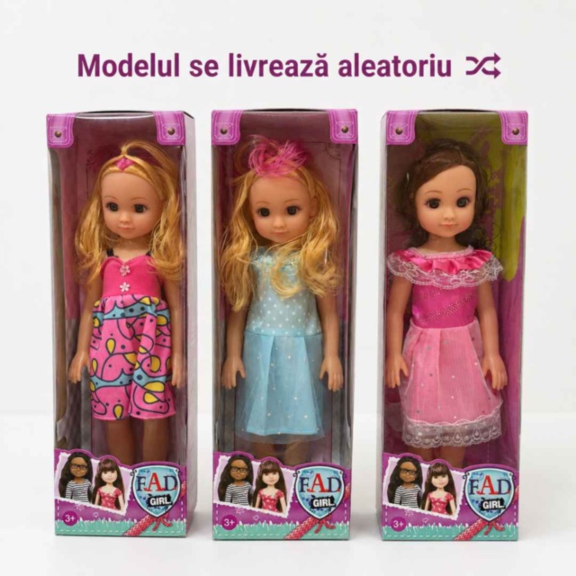 Păpușă muzicală de 40 cm, cu rochie colorată