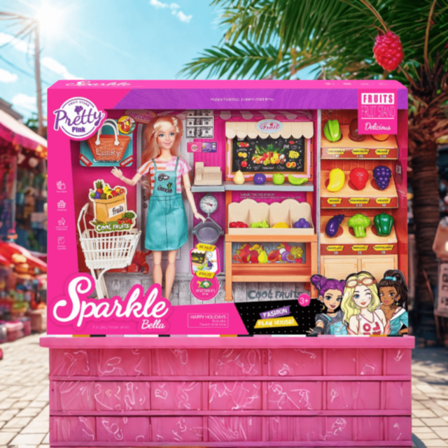 Set Păpușă Sparkle Bella cu Stand Fructe Jucărie