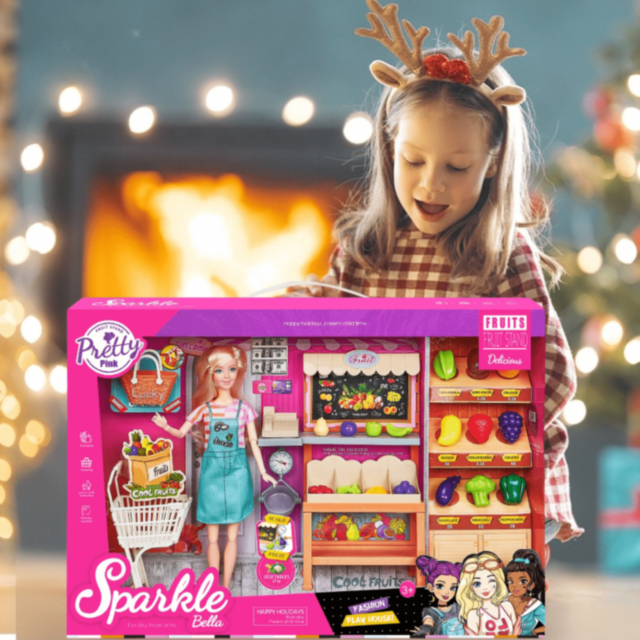 Set Păpușă Sparkle Bella cu Stand Fructe Jucărie