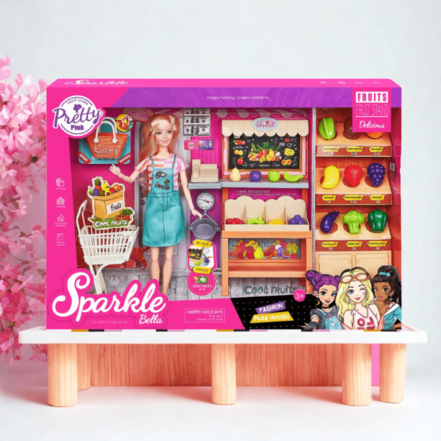 Set Păpușă Sparkle Bella cu Stand Fructe Jucărie