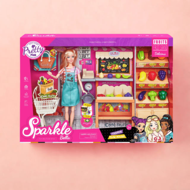Set Păpușă Sparkle Bella cu Stand Fructe Jucărie