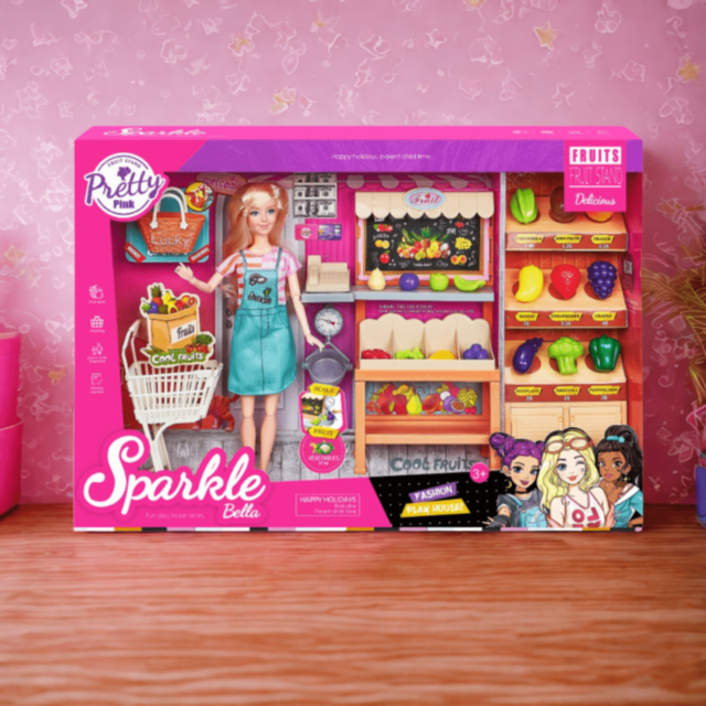 Set Păpușă Sparkle Bella cu Stand Fructe Jucărie