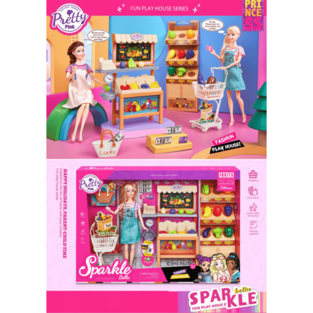 Set Păpușă Sparkle Bella cu Stand Fructe Jucărie