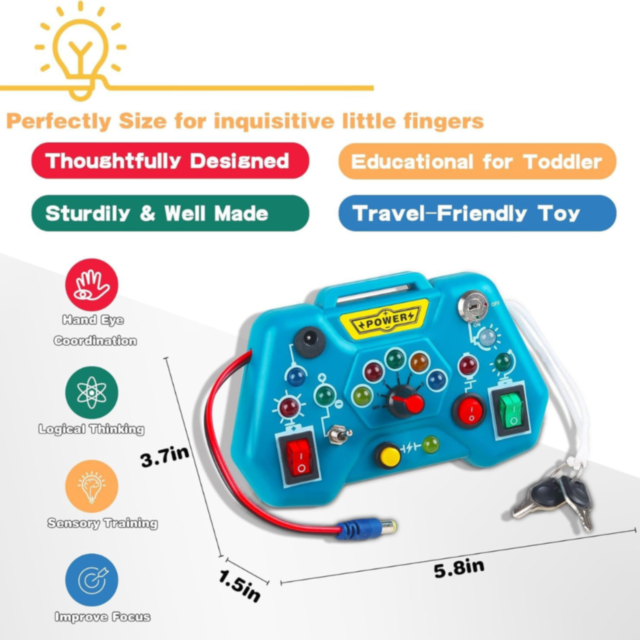 Busy Board Montessori cu Lumini LED – Consolă Interactivă de Joacă și Învățare