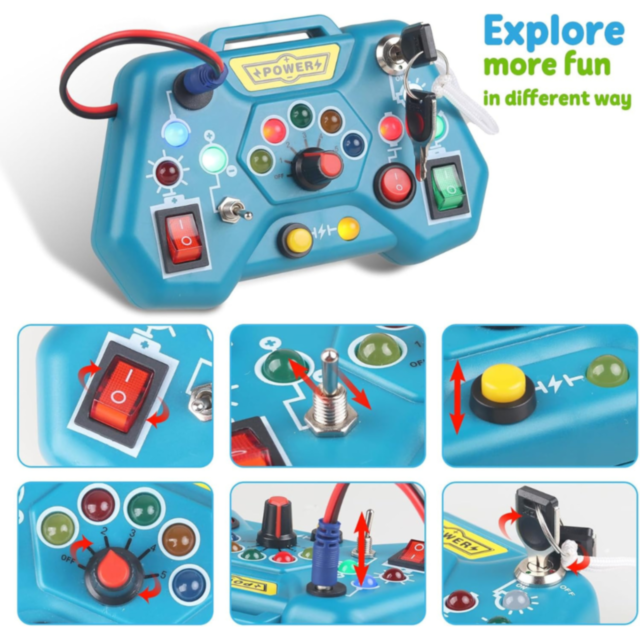 Busy Board Montessori cu Lumini LED – Consolă Interactivă de Joacă și Învățare