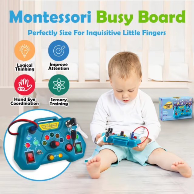 Busy Board Montessori cu Lumini LED – Consolă Interactivă de Joacă și Învățare