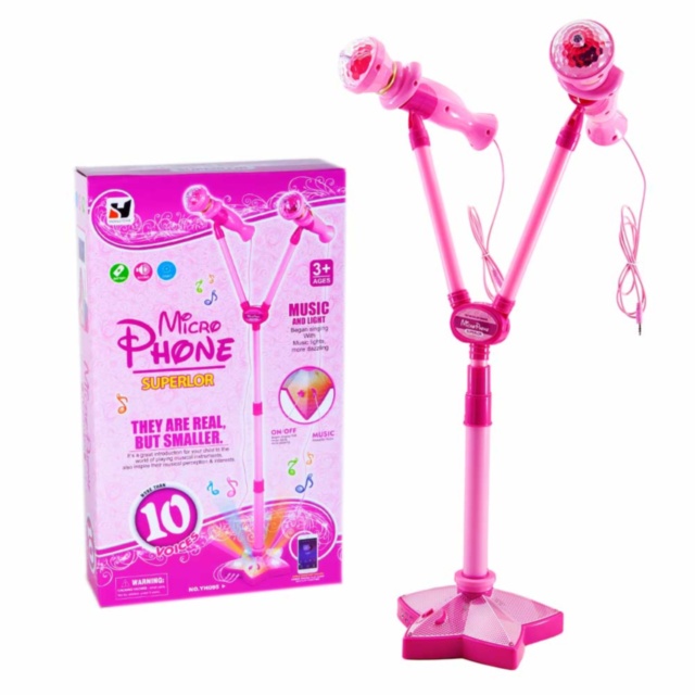 Set 2 Microfoane Karaoke cu Suport Reglabil, Amplificator de Voce, Mufă MP3 și Lumini