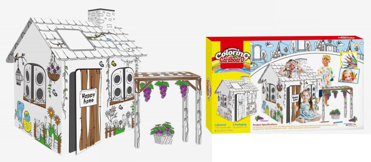 Casuța din Carton de Asamblat și Colorat cu 8 Carioci incluse